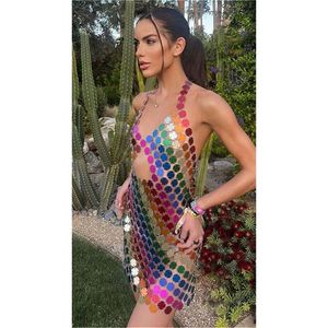 Casual Dresses Rainbow Open-back Chainmail Mini Dress Women Sexy Colorful Striped Nightclub Party Ladies Casual
