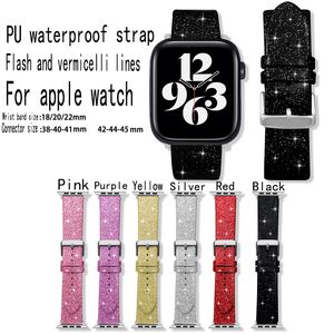 Glitter PU-läderrem för Apple Watch Band 41mm 45mm 44mm 42mm 40mm 38mm Band Dam Bling Shiny Bälte Armband iWatch 7 6 5 4 3 SE Watchband Accessories