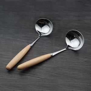 Kore tarzı ahşap saplı kaşık paslanmaz çelik çorba kaşığı mutfak pişirme karıştırma kepçe aletleri malzemeleri
