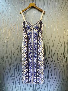 Vestidos casuais delocah de alta qualidade feminino designer de moda vestido de seda sexy spaghetti tira azul e branca porcelana impressão lápis Dres