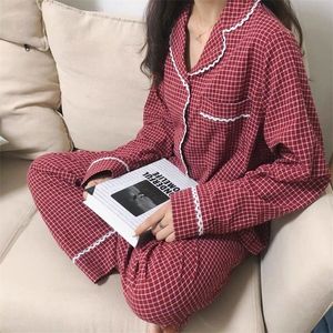 QWEEK Koreanische Nachtwäsche Plaid Pyjama Set Frauen Vintage Pyjamas Femme Spitze Pijamas Langarm Nachtwäsche Herbst Loungewear Pj 220329