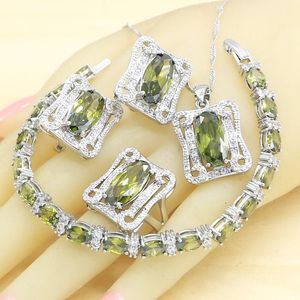 Ohrringe Halskette Silber Farbe Schmucksets für Frauen Olivengrün Zirkon Kreiber Armband Ringe Anhänger Geschenkboxer