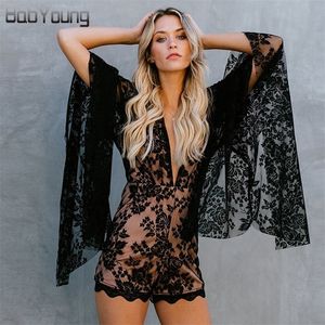 BabYoung 2020 Summer Lace Playsuit Donna Profondo scollo a V Sexy Backless Horn Sleeve Stampa floreale Tuta corta Ladies Clud Pagliaccetti T200704