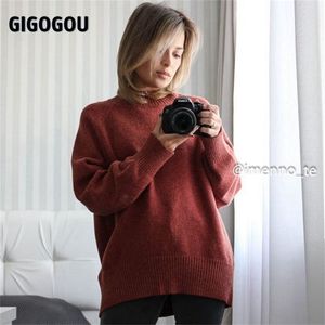 Gigogou tröja kvinnor turtleneck solid pullover tröjor koreansk stil casual lös långärmad stickad jumper topps 201224
