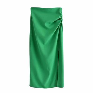 Traf verde saias longas mulher mulher cintura lápis mulheres elegantes pregas midi preto branco verão com fenda lateral 220317