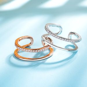 Luxury dubbel rad kristall öppna band ringar för kvinnor bröllop smycken 18k rosguld koreansk designer kärlek ring födelsedag present