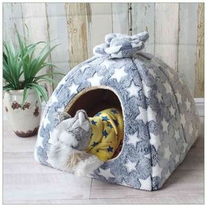 Plush Dog Bed Cat House for Small Medium Pet Soft Nest Kennel Kitten Bed Cave Velvet Sleeping Bag Mat Pets Winter Warm Cozy Bed 210401