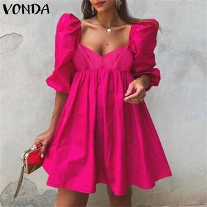 Women Mini Dress VONDA Summer Puff Sleeve Dresses Casual Solid Sexy V Neck Bohemian Vestidos Loose Sundress Oversized 220615
