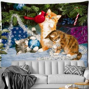 ペット子猫タペストリーかわいい雪だるま壁ぶら下げホリデーギフトボヘミアンホームリビングルームベッドルーム装飾カーペットランドスケープ布タピズJ220804