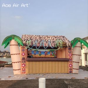 2022 New Style Tropic Inflatable Tiki Bar with Original Islander Backdrop Bamboo Fence and Coconut Tree with Air Blower for Vacation or Trade on Sale