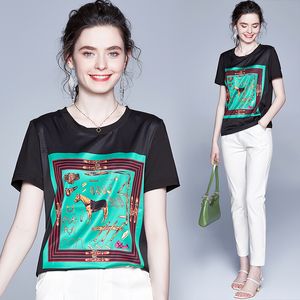 Mode-Sommer Frauen Casual Print Patchwork Satin Hemd Mode Tops Tees Rayon T-shirts Oansatz Lose Oansatz Kurzarm T-shirts 210306