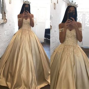 Wholesale champagne gold gowns resale online - Champagne Gold Ball Gown Quinceanera Dresses Elegant Off The Shoulder Appliques Ruched Puffy Train Long Party Evening Prom Gowns Sweet Vestido de anos BA7982