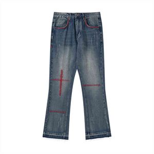 2021 геометрическая вышивка потертые мужские хип-хоп расклешенные джинсы брюки с грубыми краями прямые повседневные джинсовые брюки Pantn T220803