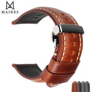 Maikes feitos à mão Bandas de relógios de 18-24mm Mulheres marrons azuis homens com borboleta fecho de couro genuíno faixa de cinta de cinta 20mm 220507