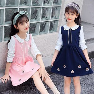 Flickans klänningar Girl Spring Dress Korean Baby Kids Long SleVe Printed Princess College Style Student Children's Casual 4-13 år