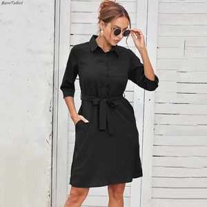 BornToGirl Woman Summer Chiffon Shirt Dress 2022 Women's Three-Quarter Sleeve Black Blue Yellow Red Army Green Robe Femme Casual Dresses