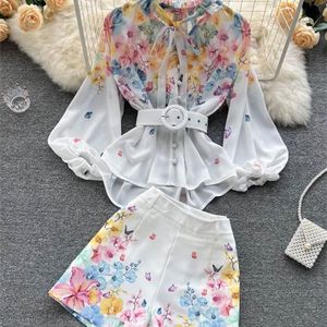 Runway Summer 2 Piece Outfit Bow Tie Neck Single Breasted Chiffon Shirts and High Waist Pockets Belt Short Set S6893 220707