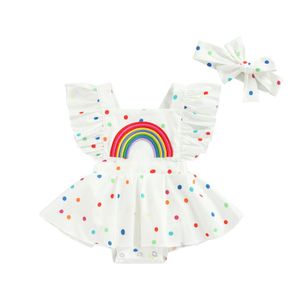 Infant Baby Girls Summer Romper Dress Cute Rainbow Dots Pattern Ruffle Sleeve Cross Back Jumpsuits