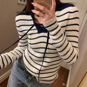 2022 spring and Autumn New Women's clothing sailor Navy Cape V-neck lace up striped knitted bottomed sweater