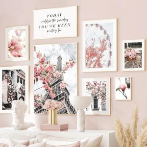 Gemälde Frühling Pfirsichblüte Paris Tower Windows Wandkunst Leinwand Malerei Nordic Poster und Drucke Bilder Für Wohnzimmer Dekor