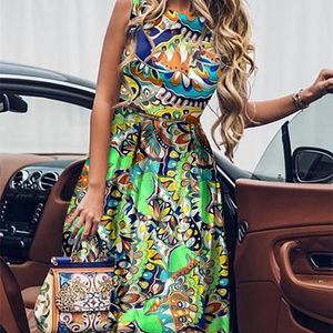 Summer Women Sundress Bohemian Floral Print Beach Maxi Sukienka Vintage O Bez rękawów luźna Line Street Holiday Sukienka 220514