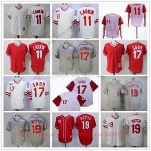 Film vintage baseball koszulki noszą zszyte 17 Chrissabo 19 Joeyvotto 11 Barrylarkin Wszystkie zszywane nazwisko Numer Away Tchedable Sport Wysokiej jakości koszulka