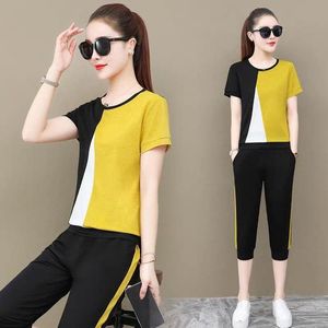Women's Tracksuits Summer Women 2 Piece Set Short Sleeved Loose Cropped Pants Fashion Clothes For Two Outfits Pink YellowWomen's