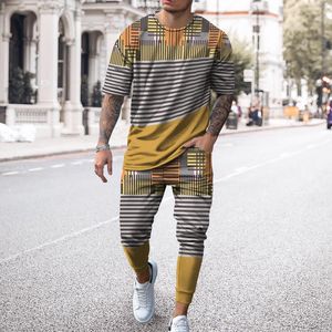 Men's Tracksuits Printing Men Fashion Summer 2 Piece Long Sleeve T-Shirt Trousers Set Simple Lines Outfit Daily Oversized Casual SportswearM
