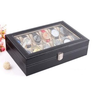 Portabelt läder Slot Watch Storage Box Organizer Glass Top Jewely Display Case Presentlådor