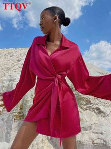 TTQV Sexy Lace-Up Pink Satin Dress Ladies Fashion Lapel Long Sleeve Mini Dress Elegant Slim Party Dresses For Women 2022 T220804