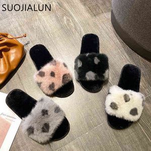 Suojialun New Fashion Faux Fau Fur Women Slippers冬のぬいぐるみスライドレディースシューズホームスリッパ女性フリップフロップスライド220627