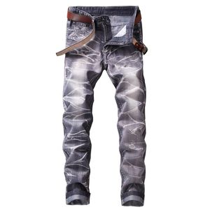 Gray Tie Dye Men's Jeans Spring Autumn Grinding White Slim Motorcycle Pants Fashion Casual Male Denim Cotton Trousers Pantalones