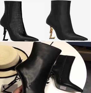 Najwyższej klasy botki OPYUM buty ze skóry owczej boczny zamek błyskawiczny buty szpiczaste szpilki krótkie buty Runway luksusowe buty projektantów damskie obuwie fabryczne z pudełkiem