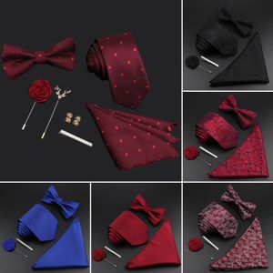 Solid Color Silk Men Tie Set Polyester Jacquard Woven Necktie Bowtie Suit Vintage Red Blue For Groom Business Wedding