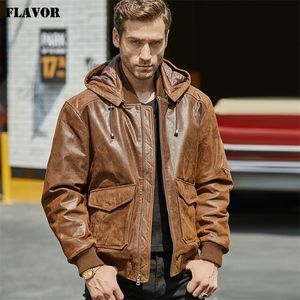 New Men s Leather Jacket Brown Jacket Made Of Genuine Leather With A Removable Hood Warm Leather Jacket For Men LJ201029