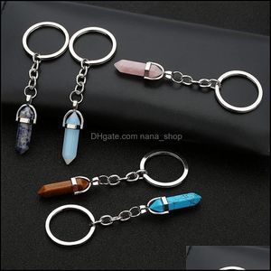 Key Rings Jewelry Natural Stone Ring Healing Hexagonal Pointed Reiki Chakra Gem Crystal Pendant Keychain For Women Girls Drop Delivery 2021