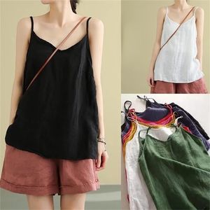 Kvinnors Sommar Top Bomull Linen Spaghetti Strap Kvinnor Halter V Neck Basic Gul Ärmlös Tank s Lösa Casual Camis 220325