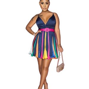 CM.YAYA Women Summer Sexy Club Party Sleeveless Spaghetti Strap Deep V-neck Patchwork Mini Dress Fit & Flare Dresses 220516