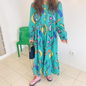 Casual Dresses Loose Print ColorBlock Dress for Women Round Collar Long Sleeve Midi Female Korean Fashion Clothing 2022Casual