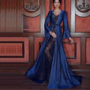 Marineblaue Abendkleider mit Jacke, Herzausschnitt, Spitzenapplikationen, formelles Abendkleid, Satin mit Vorderschlitz, Arabisch, besondere Roben de Soirée