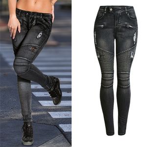 Logami Motorcycle Biker Zip Jeans Mulher Estabelecer jeans de calça skinny para mulheres preto 210302