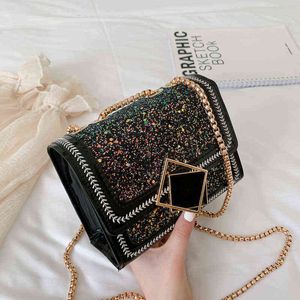 Evening Bags New Women's Bling Pu Leather Shoulder Lady Crossbody Chain Handbags Girl Fashion Sling Mini Flag Package 220721