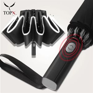 Windproof Reverse Automatic Umbrella Rain Women Men Car Large Business 3Folding Umbrellas 10 Ribs Reflective Stripe Gift ol 220426