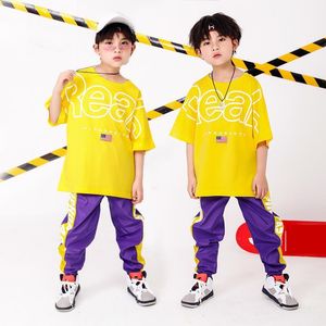 Palco desgaste de meninos amarelos meninos hip hop de dança para crianças jazz baile dança fantasia camiseta tops calças de moda de moda de moda de moda