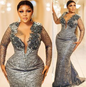 2022 Plus Size Arabic Aso Ebi Silver Luxurious Mermaid Prom Dresses Beaded Crystals Evening Formal Party Second Reception Birthday Engagement Gowns Dress ZJ509