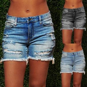 Mode rippade frans manschetter slim shorts casual kvinnor tvättade magra byxor hög midja kvinnor jean fitness slitage