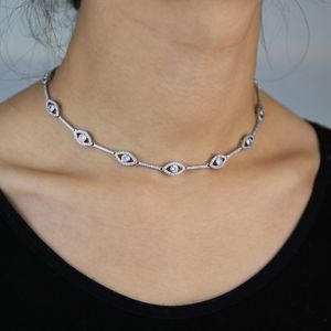 Ny turkisk Evil Eye Choker Halsband Smycken Rose Silver Färg Micro Pave 5A Cz Bar Eyes Charm Link Chokers Halsband Partihandel