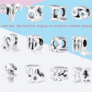 925 Sterling Silver Ciondola Charm inverno nuovo Scintillante Pesci Gemelli Cancro Sagittario Capricorno Ariete Leone Zodiaco Bead Fit Pandora Gioielli fai da te Accessori