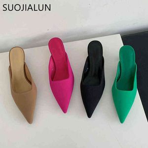 SUOJIALUN 2022 Primavera Punta Chiusa Delle Donne Pantofole Sottile Tacco Basso Delle Signore Superficiale Slip On Scarpe A Punta Muli Outdoor Sandalo Mujer 220627