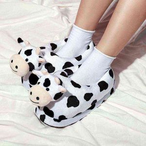 2022 New Lady Cartoon Cute Plush Cow Cotton Slippers Winter Warm Home slippers Comfy Shoes Women For Bedroom Slippers Shoes G220730